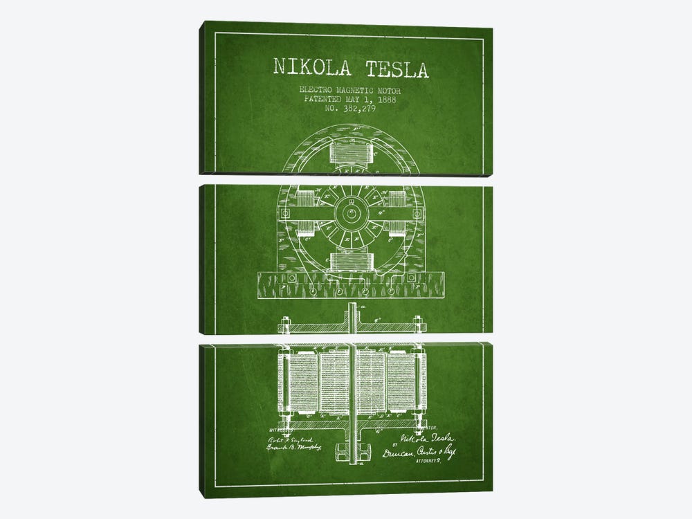 Electro Motor Green Patent Blueprint by Aged Pixel 3-piece Canvas Print