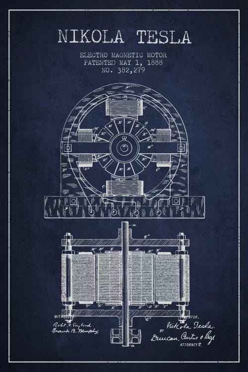 Electro Motor Navy Blue Patent Blueprint by Aged Pixel wall art