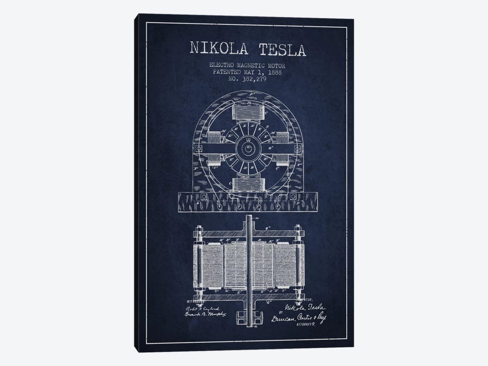 Electro Motor Navy Blue Patent Blueprint by Aged Pixel 1-piece Canvas Artwork
