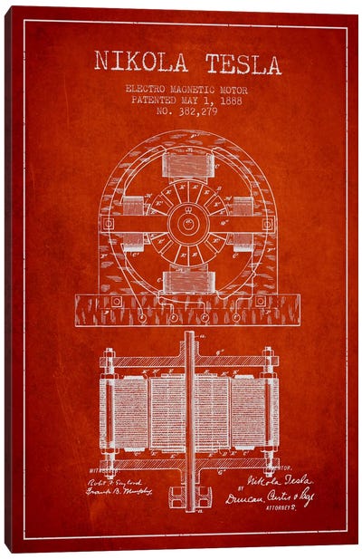 Electro Motor Red Patent Blueprint Canvas Art Print - Engineering & Machinery Blueprints