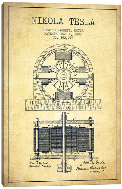 Electro Motor Vintage Patent Blueprint Canvas Art Print - Engineering & Machinery Blueprints