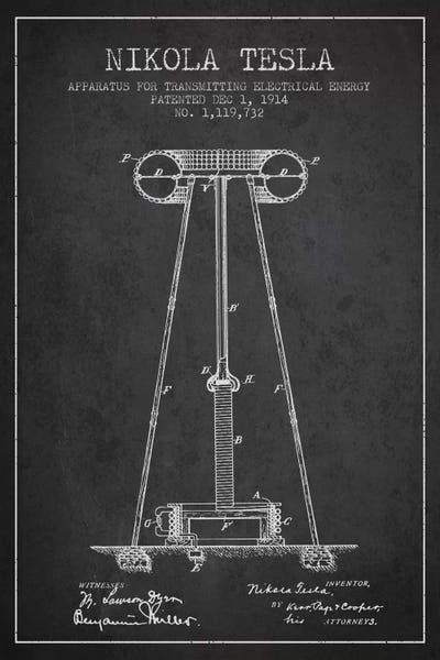Tesla Apparatus Energy Charcoal Patent Blueprint by Aged Pixel framed canvas print