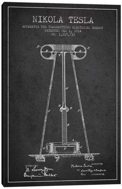 Tesla Apparatus Energy Charcoal Patent Blueprint Canvas Art Print - Engineering & Machinery Blueprints