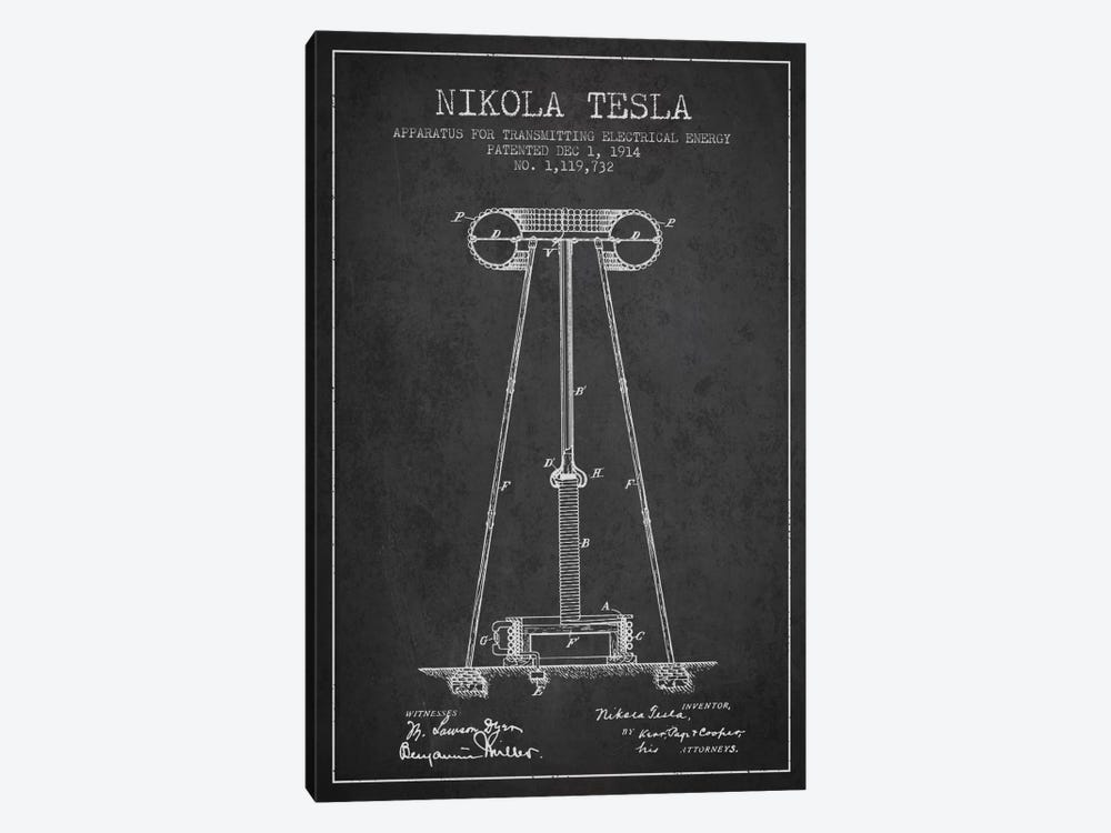 Tesla Apparatus Energy Charcoal Patent Blueprint by Aged Pixel 1-piece Canvas Wall Art