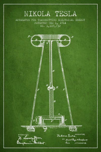Tesla Apparatus Energy Green Patent Blueprint by Aged Pixel framed canvas print