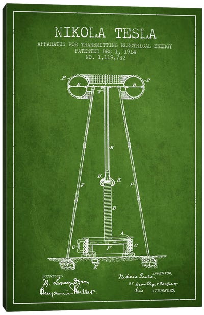 Tesla Apparatus Energy Green Patent Blueprint Canvas Art Print - Aged Pixel