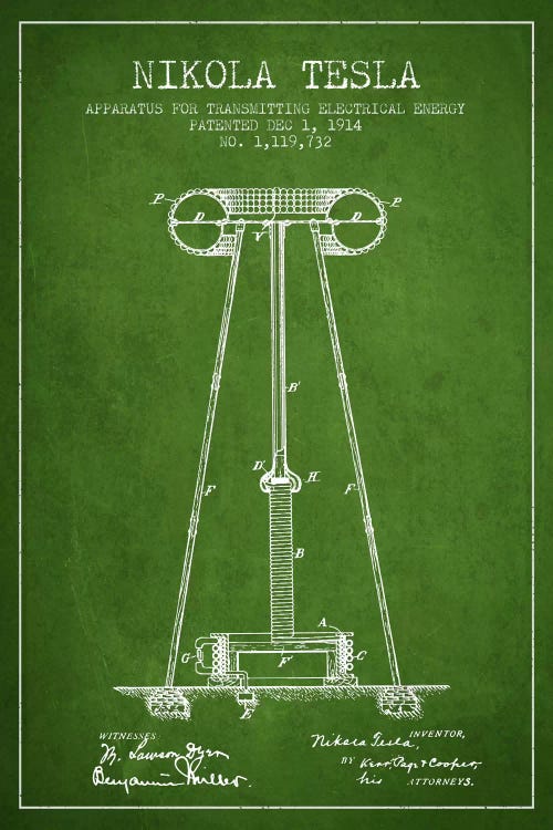 Tesla Apparatus Energy Green Patent Blueprint by Aged Pixel wall art