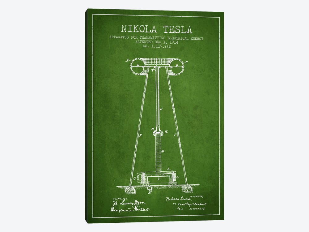 Tesla Apparatus Energy Green Patent Blueprint by Aged Pixel 1-piece Canvas Art Print