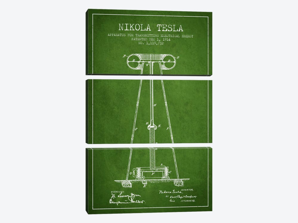 Tesla Apparatus Energy Green Patent Blueprint by Aged Pixel 3-piece Canvas Art Print