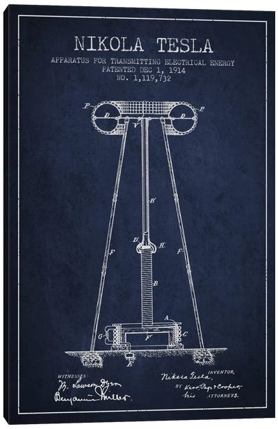 Tesla Apparatus Energy Navy Blue Patent Blueprint Canvas Art Print - Aged Pixel