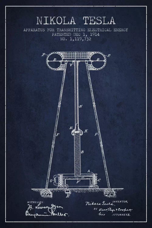 Tesla Apparatus Energy Navy Blue Patent Blueprint