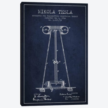 Tesla Apparatus Energy Navy Blue Patent Blueprint Canvas Print #ADP543} by Aged Pixel Canvas Wall Art