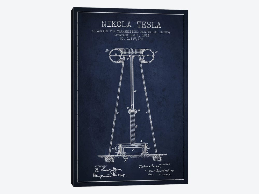 Tesla Apparatus Energy Navy Blue Patent Blueprint by Aged Pixel 1-piece Canvas Art