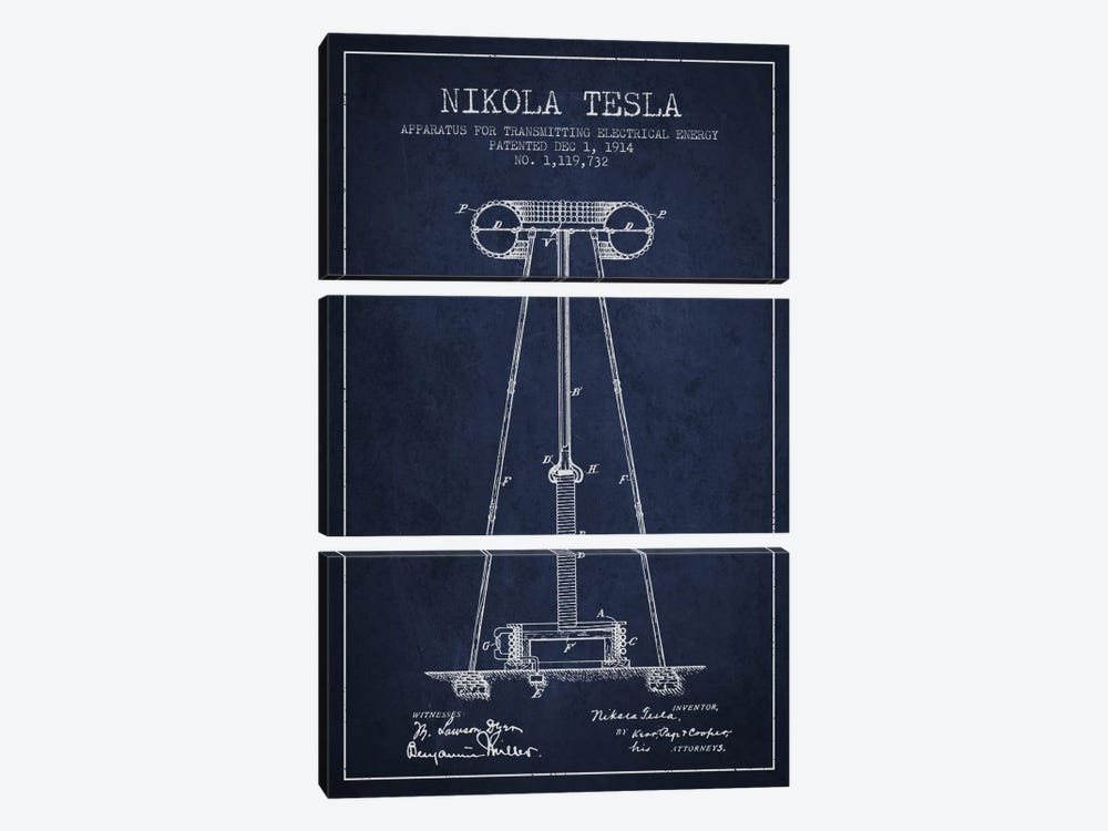 Tesla Apparatus Energy Navy Blue Patent Blueprint by Aged Pixel 3-piece Canvas Wall Art