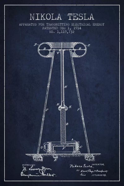 Engineering & Machinery Blueprints: Tesla Apparatus Energy Navy Blue Patent Blueprint by Aged Pixel