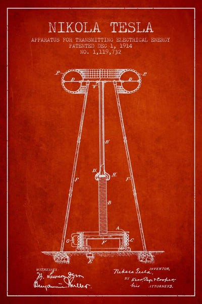Tesla Apparatus Energy Red Patent Blueprint by Aged Pixel framed canvas print