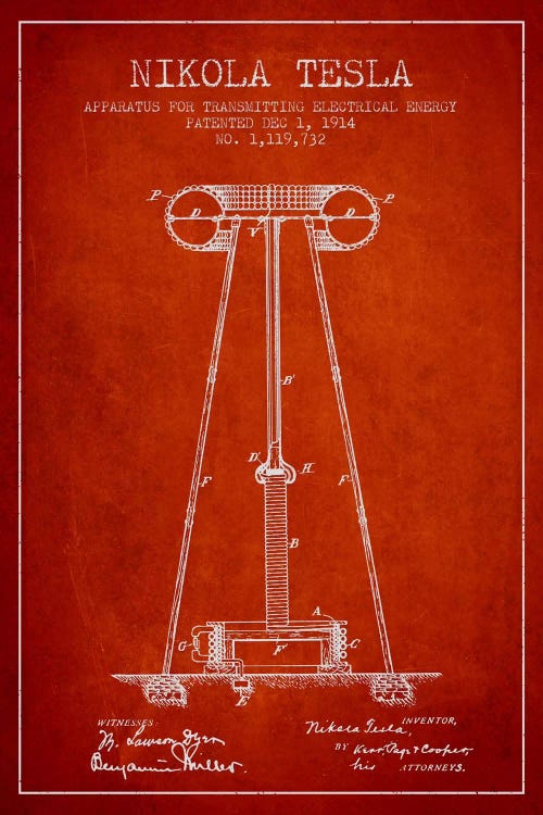 Tesla Apparatus Energy Red Patent Blueprint