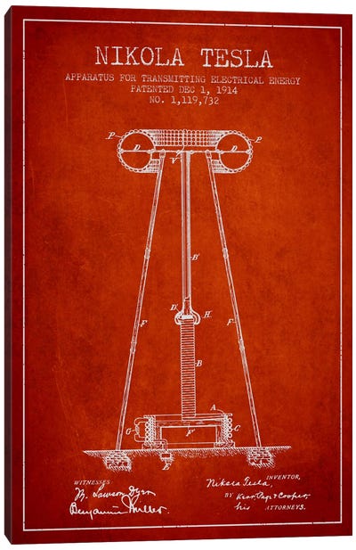 Tesla Apparatus Energy Red Patent Blueprint Canvas Art Print - Engineering & Machinery Blueprints