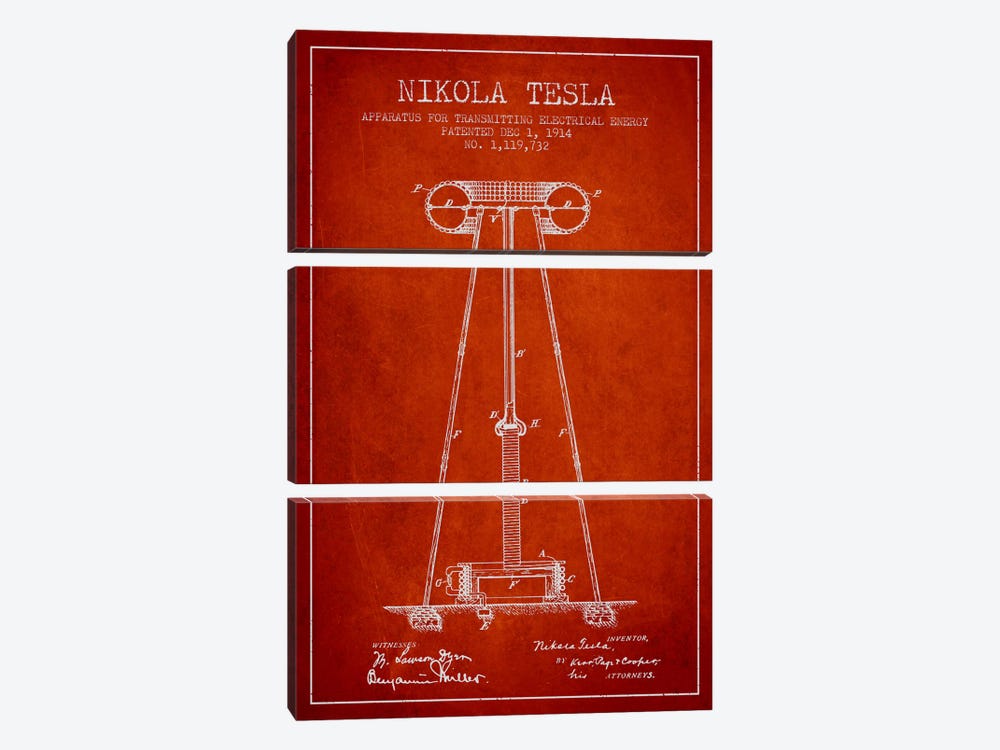 Tesla Apparatus Energy Red Patent Blueprint by Aged Pixel 3-piece Canvas Print