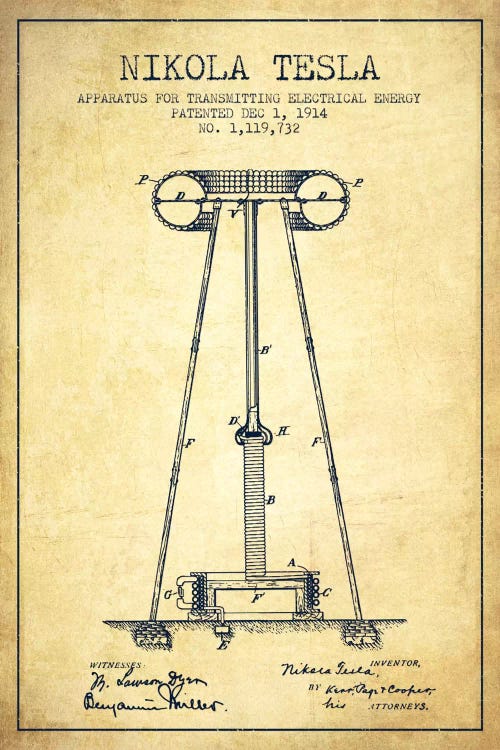 Tesla Apparatus Energy Vintage Patent Blueprint by Aged Pixel wall art