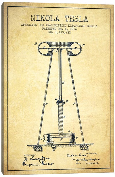 Tesla Apparatus Energy Vintage Patent Blueprint Canvas Art Print - Engineering & Machinery Blueprints