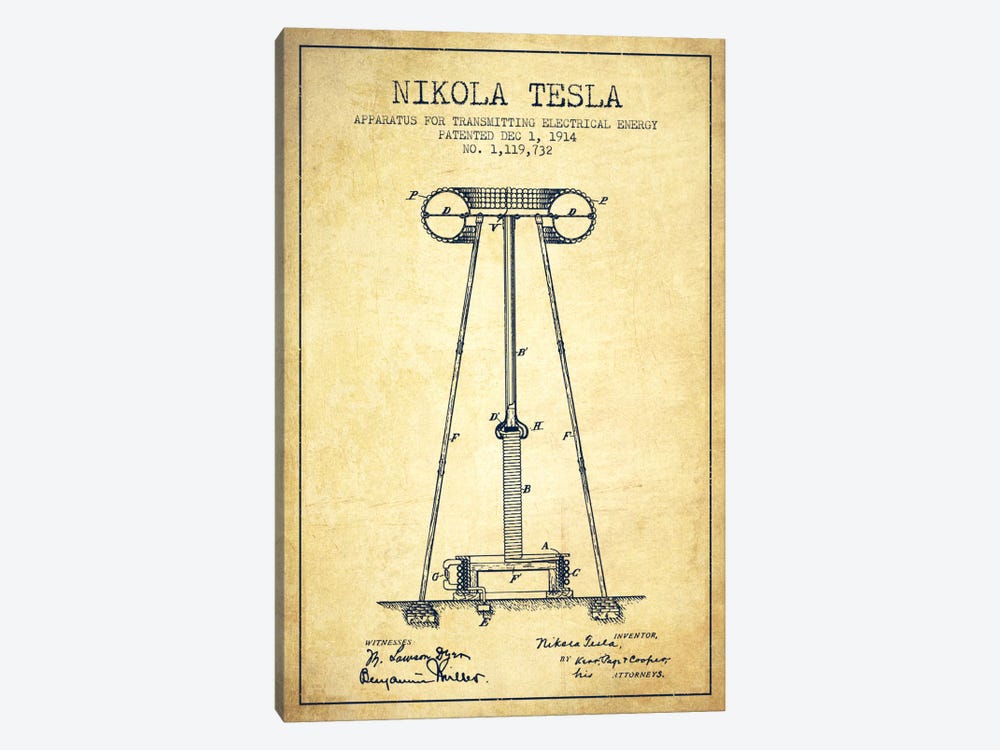 Tesla Apparatus Energy Vintage Patent Blueprint by Aged Pixel 1-piece Canvas Artwork