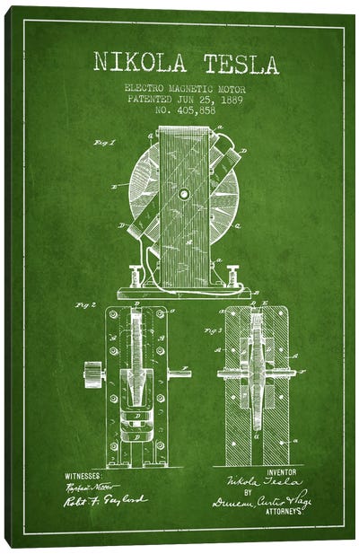 Electro Motor Green Patent Blueprint Canvas Art Print - Engineering & Machinery Blueprints