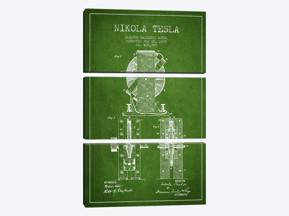 Electro Motor Green Patent Blueprint by Aged Pixel 3-piece Canvas Wall Art