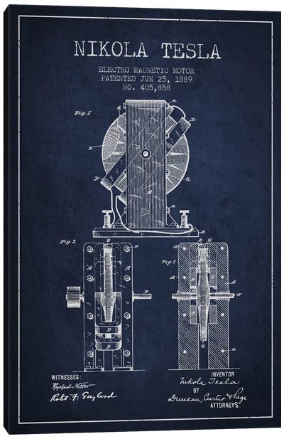 Electro Motor Navy Blue Patent Blueprint Canvas Art Print - Engineering & Machinery Blueprints