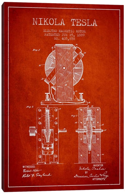 Electro Motor Vintage Red Patent Blueprint Canvas Art Print - Engineering & Machinery Blueprints