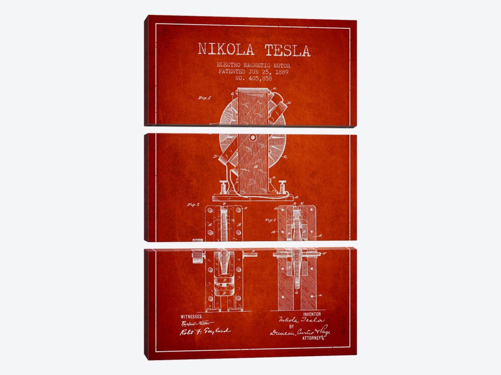Electro Motor Vintage Red Patent Blueprint by Aged Pixel 3-piece Canvas Wall Art
