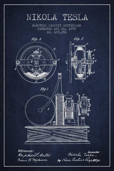Electric Circuit Navy Blue Patent Blueprint by Aged Pixel metal wall art