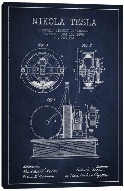 Electric Circuit Navy Blue Patent Blueprint Canvas Art Print - Electronics & Communication Blueprints