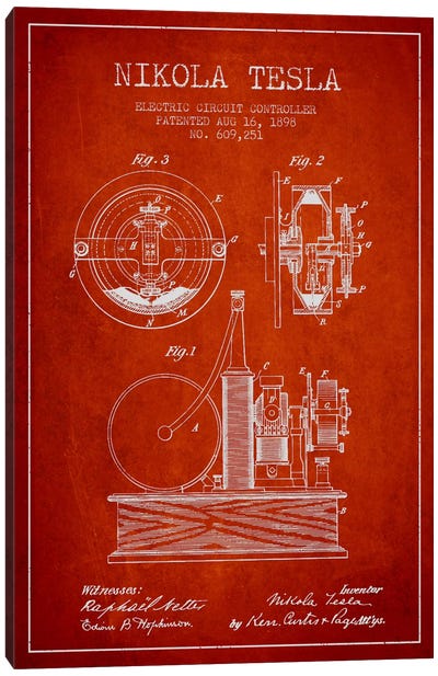 Electric Circuit Red Patent Blueprint Canvas Art Print