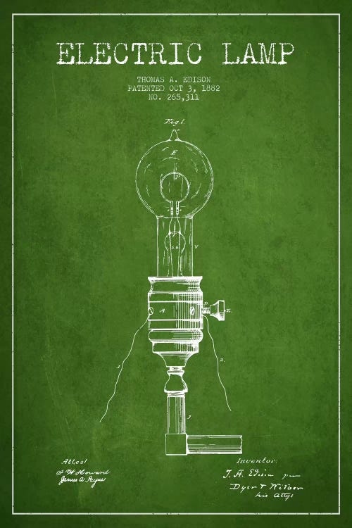 Electric Lamp Green Patent Blueprint by Aged Pixel wall art
