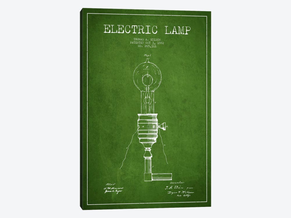 Electric Lamp Green Patent Blueprint by Aged Pixel 1-piece Canvas Print
