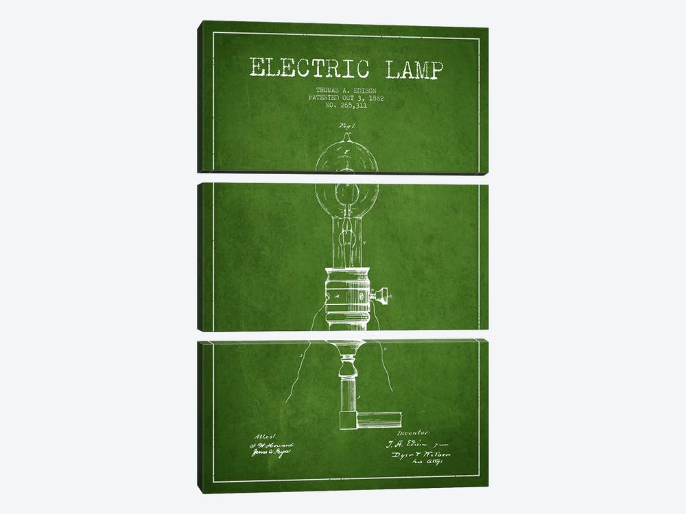 Electric Lamp Green Patent Blueprint by Aged Pixel 3-piece Canvas Art Print