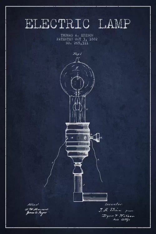 Electric Lamp Navy Blue Patent Blueprint by Aged Pixel wall art
