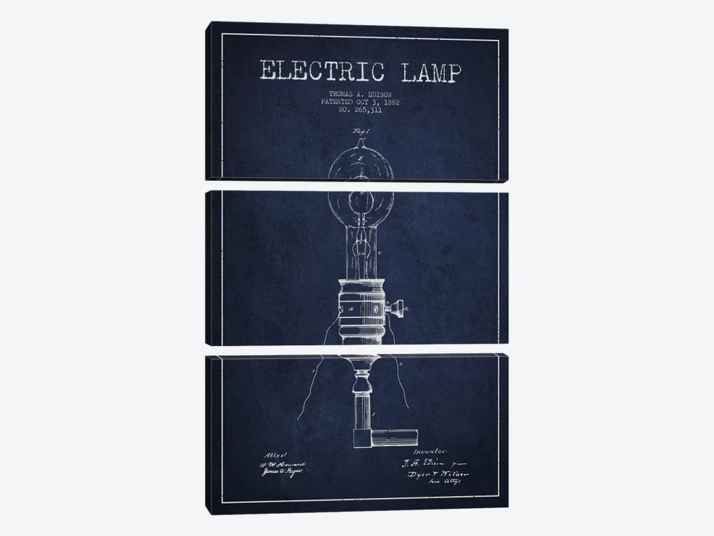 Electric Lamp Navy Blue Patent Blueprint by Aged Pixel 3-piece Canvas Wall Art