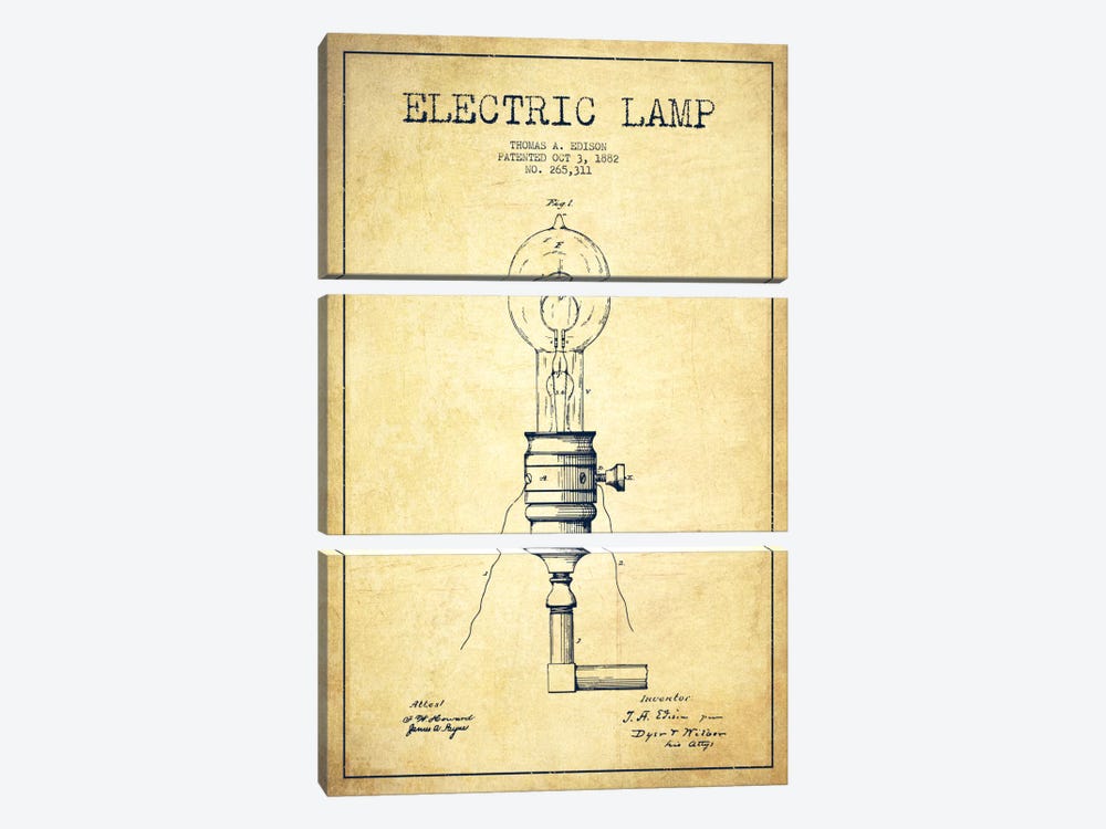 Electric Lamp Vintage Patent Blueprint by Aged Pixel 3-piece Canvas Art Print