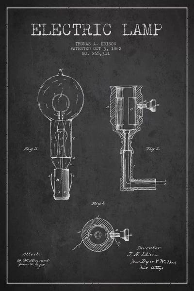Electronics & Communication Blueprints: Electric Lamp Charcoal Patent Blueprint by Aged Pixel