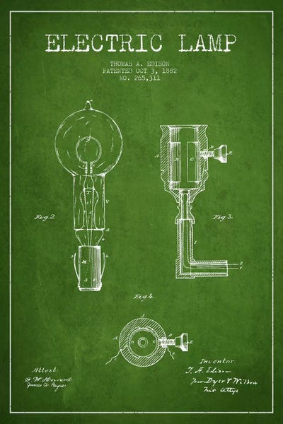 Electric Lamp Green Patent Blueprint by Aged Pixel framed canvas print