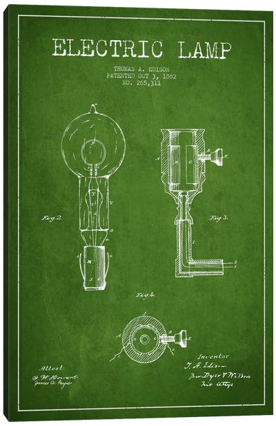 Electric Lamp Green Patent Blueprint Canvas Art Print - Aged Pixel: Electronics & Communication