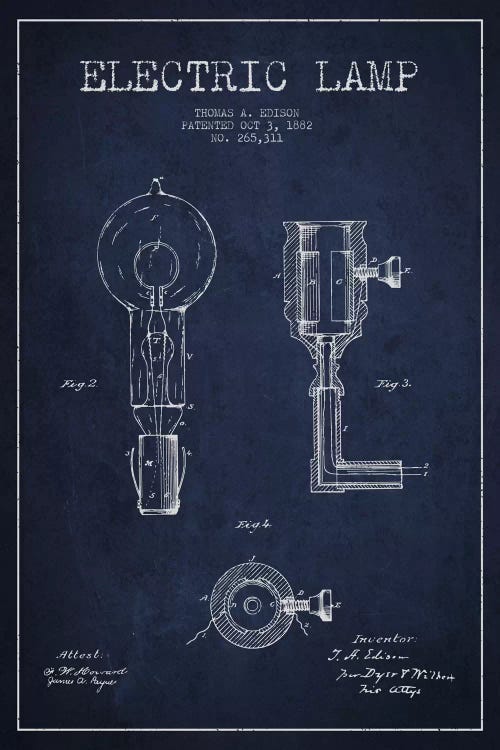 Electric Lamp Navy Blue Patent Blueprint by Aged Pixel wall art