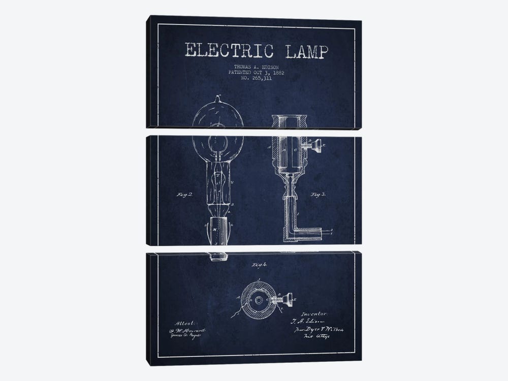Electric Lamp Navy Blue Patent Blueprint by Aged Pixel 3-piece Canvas Artwork