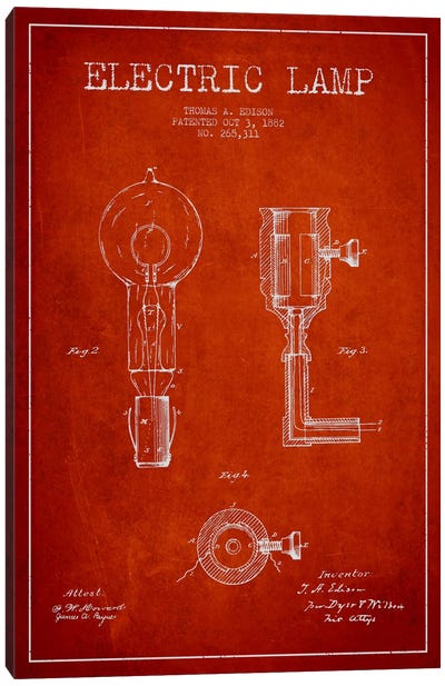 Electric Lamp Red Patent Blueprint Canvas Art Print - Electronics & Communication Blueprints