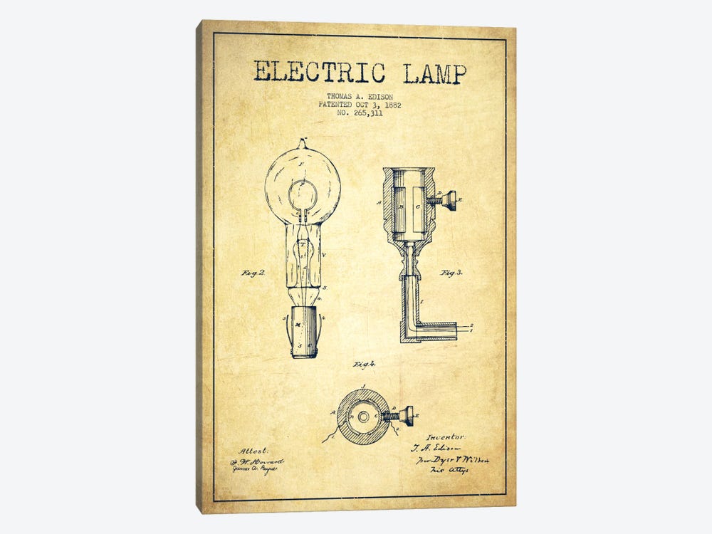 Electric Lamp Vintage Patent Blueprint by Aged Pixel 1-piece Canvas Artwork