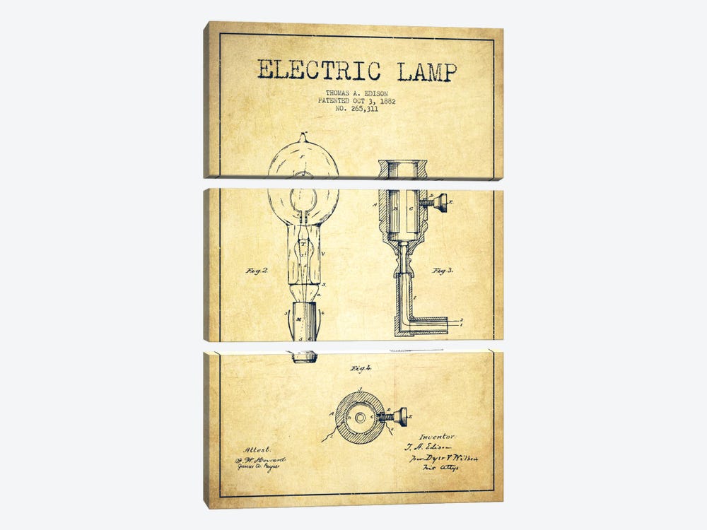 Electric Lamp Vintage Patent Blueprint by Aged Pixel 3-piece Canvas Artwork