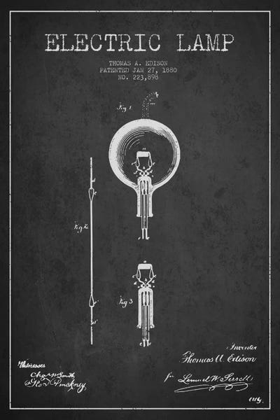 Large Black & White Art - Canvas Prints: Electric Lamp Charcoal Patent Blueprint by Aged Pixel
