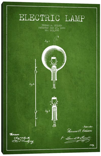 Electric Lamp Green Patent Blueprint Canvas Art Print - Aged Pixel: Electronics & Communication